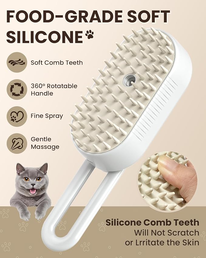 Cat Steam Brush for Shedding, Pet Steam Brush for Cats and Dog, 4 in 1 Rechargeable Cat Hair Brush, Spray Anti-Static, Massage, Cleaning, Shedding & Combing All In One, for Long & Short Haired Pets!