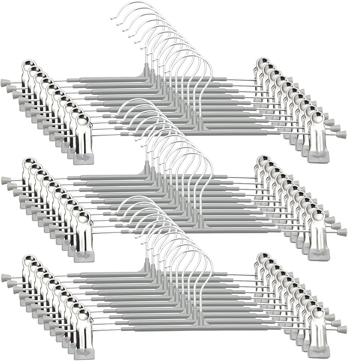Pants Hangers with Clips - 30 Pack Heavy Duty, Non-Slip Adjustable Space Saving Skirt Hangers for Pants, Jeans, Shorts | Gray | 12 Inch