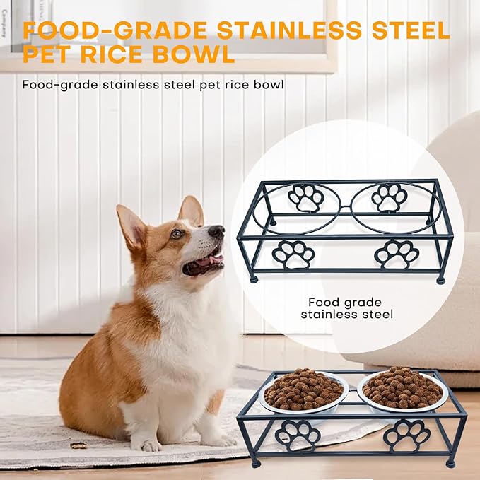 Elevated Dog & Cat Bowls with Stand – Raised Pet Feeder for Small Dogs & Cats, Stainless Steel Dog Food Bowls Elevated, Cat Food Bowl Stand, Elevated Cat Feeding Station (Black)