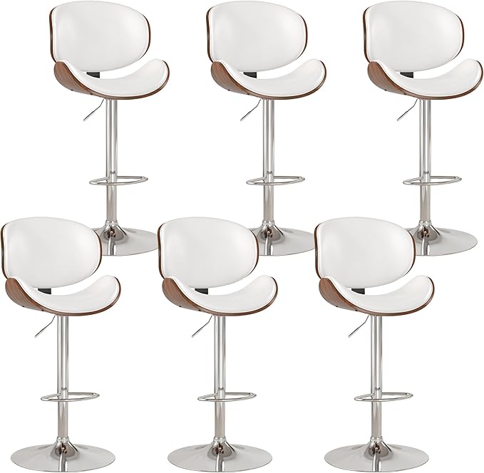KCC Bar Stools Set of 6, Swivel Adjustable Height Barstools, PU Leather Upholstered Bar Chairs with Footrest, Bentwood Bar Stool for Kitchen, Bar, Dining Room(White PU)
