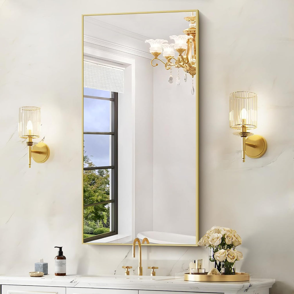 48x24In Gold Bathroom Mirror for Wall, Brushed Gold Rectangle Mirrors with Metal Frame, Bathroom Rectangular Mirror Modern Wall Mirror for Bedroom Living Room, Hangs Horizontal or Vertical