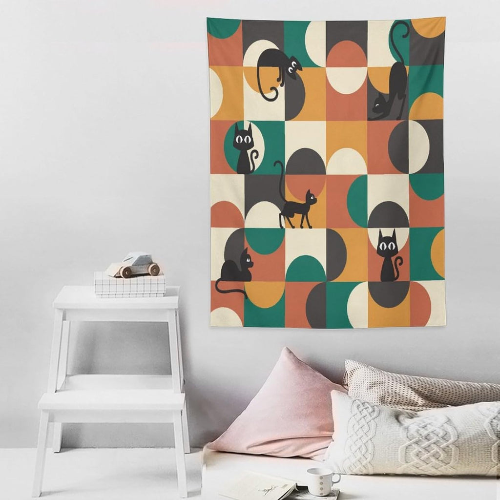 ICMOLYYENLO Boho Medieval Cat Tapestry, Abstract Atomic Starburst Geometric Aesthetic Art Wall Hanging For Bedroom Living Room Dormitory 60x80 Inches