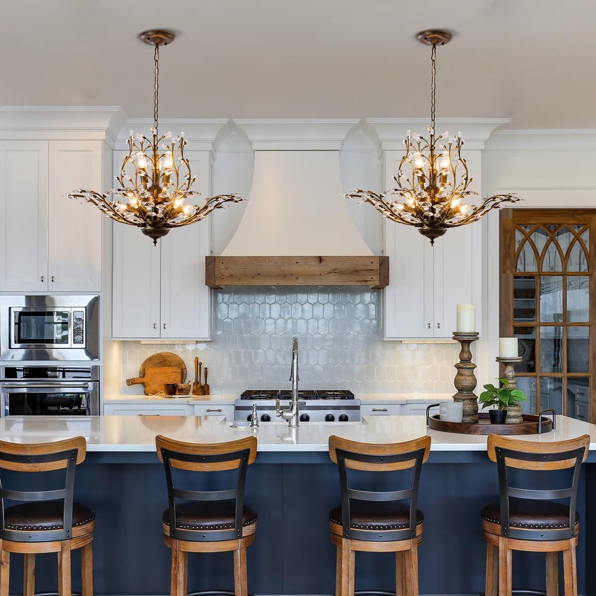 Vintage Farmhouse Chandelier 8-Light Crystal Branch Pendant Lights for Living Room Dining Room Porch Kitchen Island Bedroom Restaurant, Aged Bronze