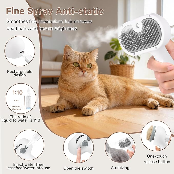 Pet Steam Brush for Dogs & Cats, 3-in-1 Shedding Grooming Tool | Self Cleaning Spray Comb with Mist, Dog Brush for Shedding, Cat Brush for Hair Removal, Long Haired Pets, 2 Waterless Shampoo