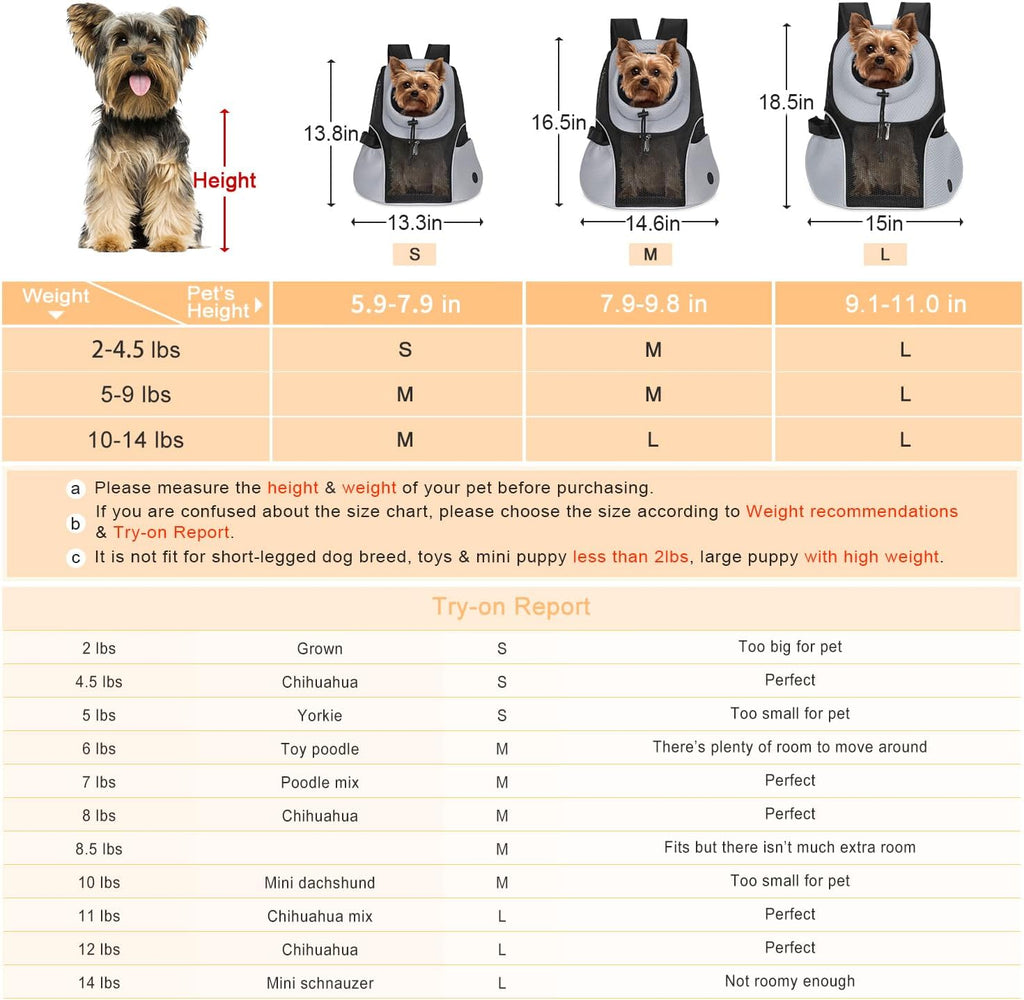 WOYYHO Pet Dog Carrier Backpack Small Dog Front Backpack Ventilated Mesh Dog Travel Back Pack with Safety Belt for Travel Hiking Cycling Outdoor Adventures (Size M: 5-9 lbs, Grey)