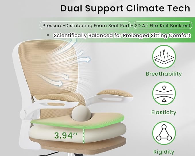 Ergonomic Office Chair, Comfy Desk Chair with Adjustable Lumbar Support, Mesh Computer Chair with Wheels, Flip-up Armrests, Swivel Rolling Executive Chair for Home Office, Gaming, Khaki