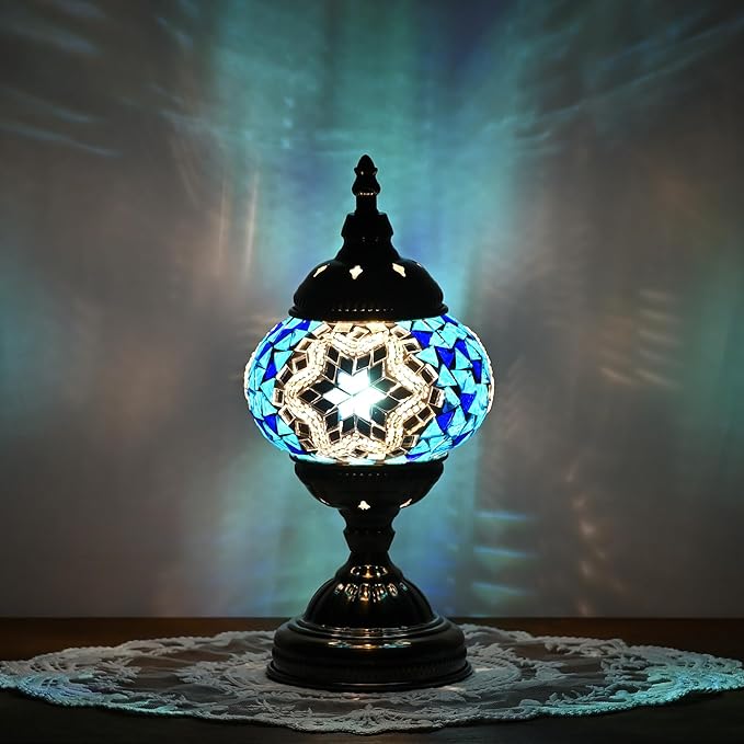 Turkish Moroccan Table Lamp Lantern with Handmade Mosaic Glass Lampshade Tiffany Style Bohemian Stained Glass Decorative Desk Lamps Bedside Night Lights for Bedroom (Blue White)