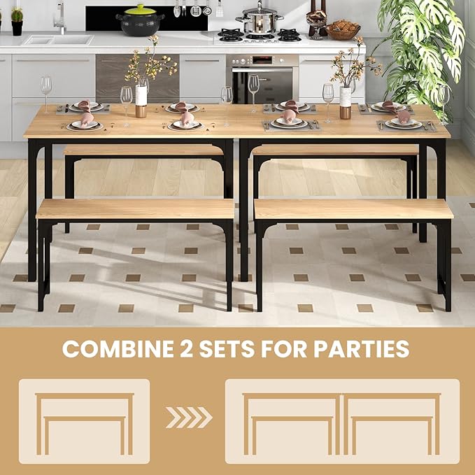 LDAILY Moccha Dining Table Set for 4, Kitchen Table with Benches,43 Inch 3-Piece Wooden Space-Saving Dinette Set with Metal Frame for Kitchen, Dining Room,Small Spaces, Industrial Brown & Black