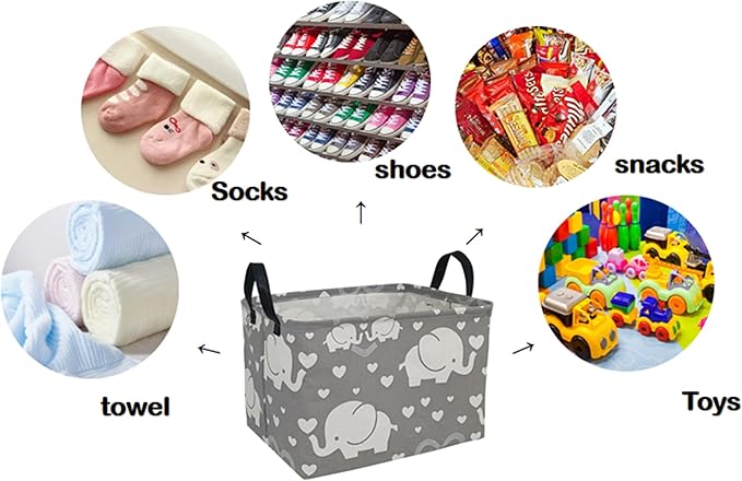 Rectangle Gift Storage Basket Home Shelf Storage Basket Organizer Box Clothes Laundry Hamper Nursery Basket Laundry Basket with Handles (love elephant)