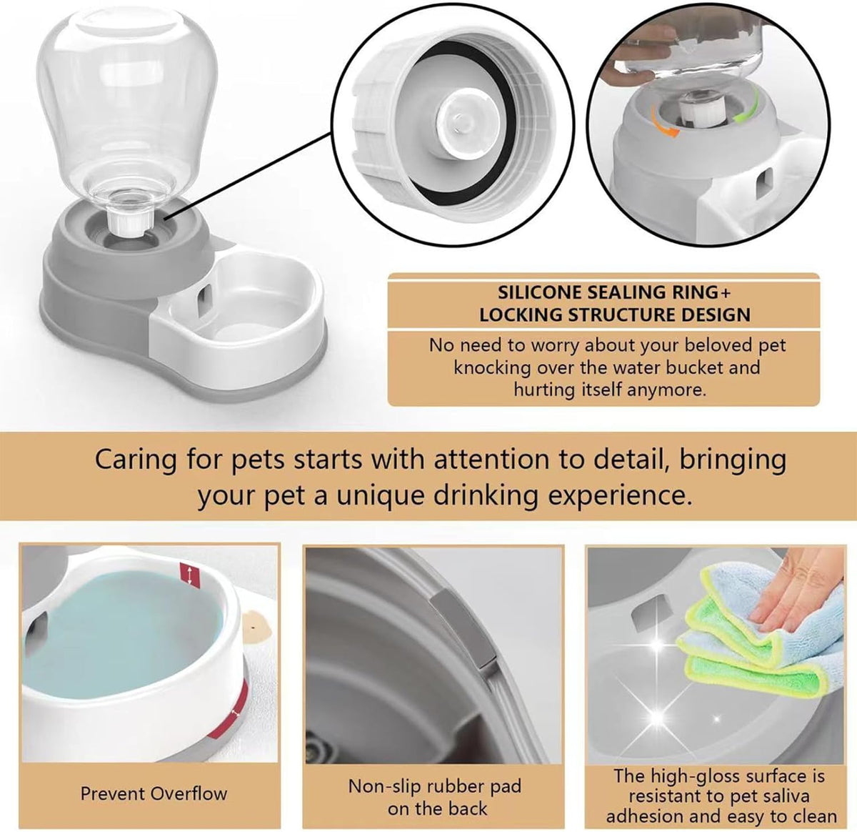 1 Gallon Automatic Dog Water Bowl Dispenser - Staltwo Premium Pet Water Dispenser with Non-Slip Mat,Large Capacity Water Feeder for Cats and Dogs, BPA-Free,1 Gallon Grey
