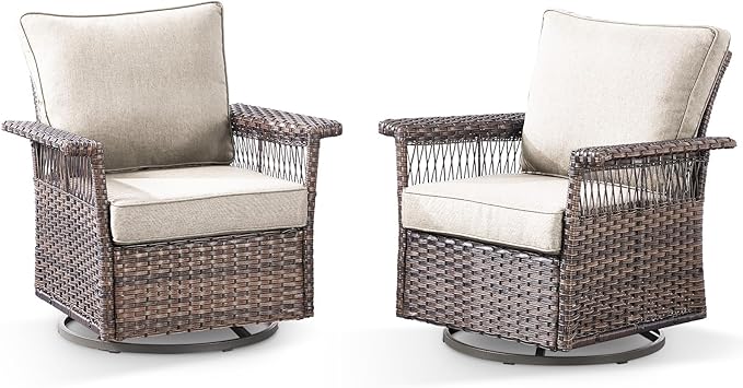 Outdoor Swivel Glider Chairs Set of 2 - Hollow Widen Armrests Wicker Patio Furniture Set, Comfortable High Back Outside Swivel Rocker for Balcony Porch Deck and Yard - Brown/Beige