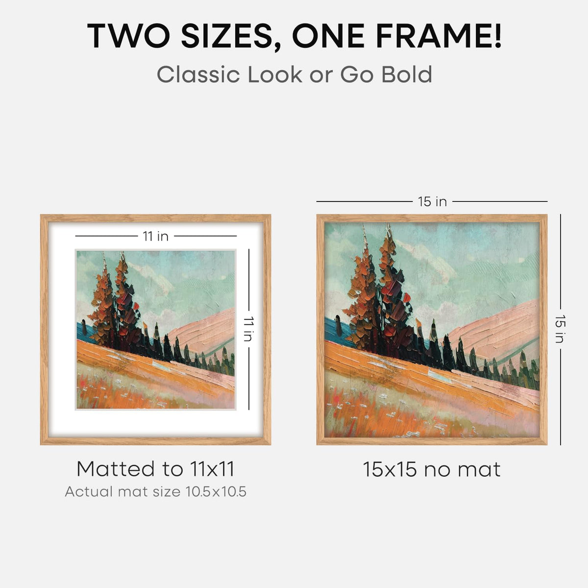 Homeforia 15x15 Picture Frame Natural Wood, High End Oak 15 x 15 Square Light Wooden Frames with Mat 11 by 11 inch Photo, 15by15 Poster Frames Matted to 11x11 Print, Tempered Glass, Wall Kit, Set of 1