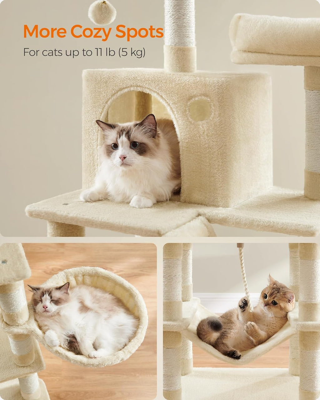 Feandrea Cat Tree, 66.1-Inch Large Cat Tower with 13 Scratching Posts, 2 Perches, 2 Caves, Basket, Hammock, Pompoms, Multi-Level Plush Cat Condo for Indoor Cats, Beige UPCT165M01