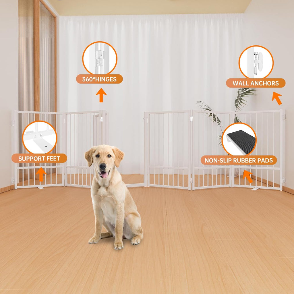 Full Metal Freestanding Dog Gate with Door, 32''Height Foldable Pet Dog Fence for Indoor & Outdoor, 6 Panels Extra Wide Free Standing TallDog Gates for Doorways,House,Stairs,Porch,Deck,Yard