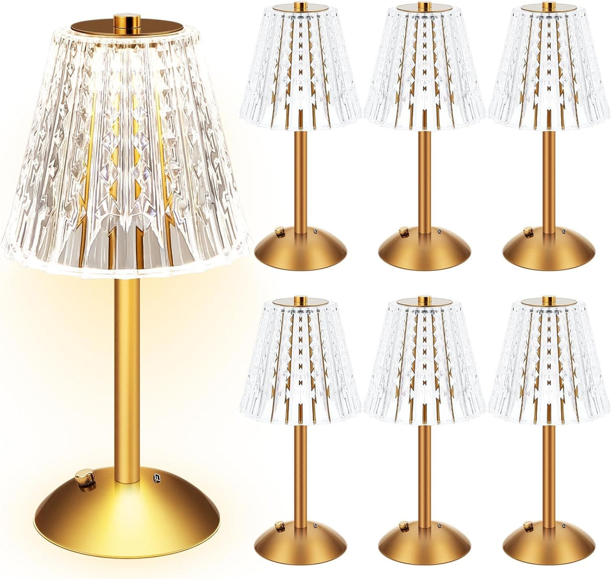Liliful 6 Pcs LED Portable Cordless Table Lamp Touch Battery Operated Rechargeable Desk Lamp 3 Color Dimmable for Bedroom Living Room Dining (Classic Style,Gold)