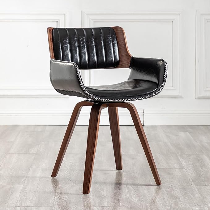 LUNLING Swivel Accent Faux Leather Dining Chairs, Mid Century Modern Chairs with Wooden Legs/Armrest/Upholstered Seat/Adjustable Foots for Kitchen Dining Room Desk Chairs,Black,1PCS