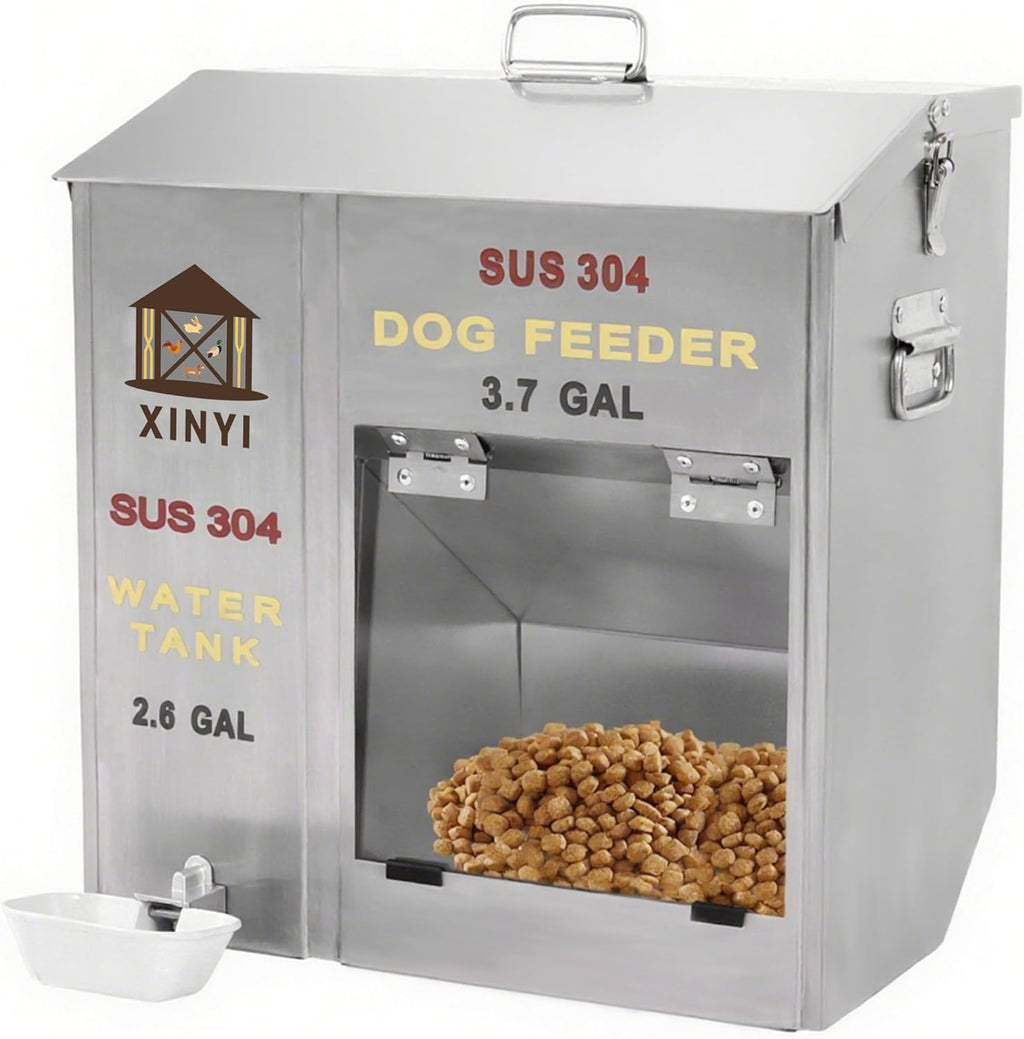 XINYI Automatic Dog Feeder and Waterer 2-in-1,SU304 Stainless Steels 2.6 Gallon Water Tank with 1 Aluminum Alloy Water Cup, 3.7 Gallon Dog Food Dispenser,Automatic Feeder for Pets, Breed, Cat