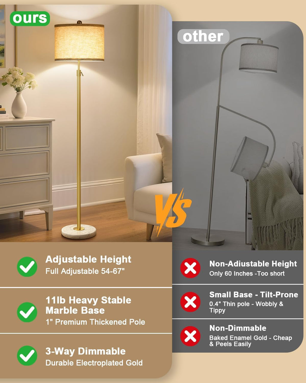 Modern Gold Floor Lamp for Living Room - Adjustable Height Standing Lamp with Marble Base & Linen Shade, 3-Way Dimmable Tall Floor Light for Bedroom, Reading, Bulb Included