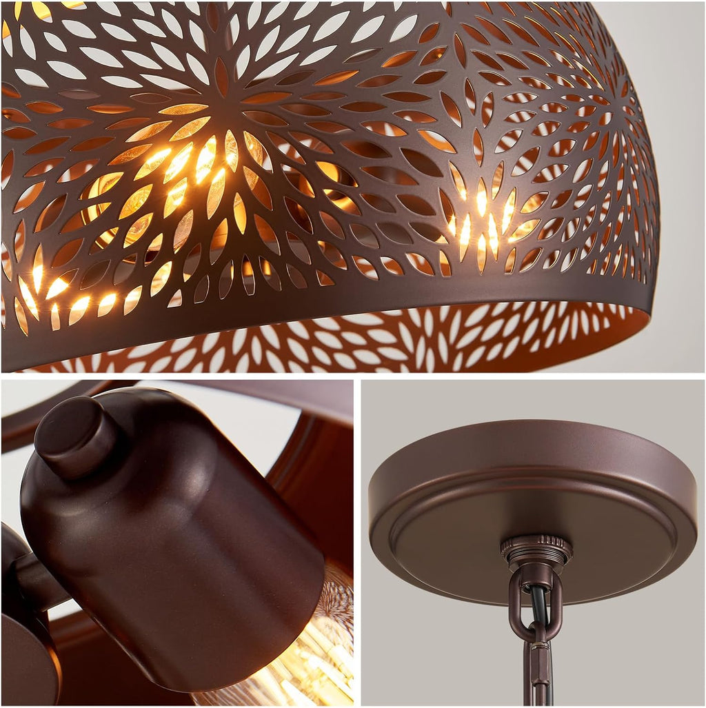 WUZUPS Chandelier Rustic Farmhouse Industrial Round Ceiling Pendant LED Light Fixture with Later-Cut Openwork Drum Shade, H 15.7" x W 13.4", Oil Rubbed Bronze