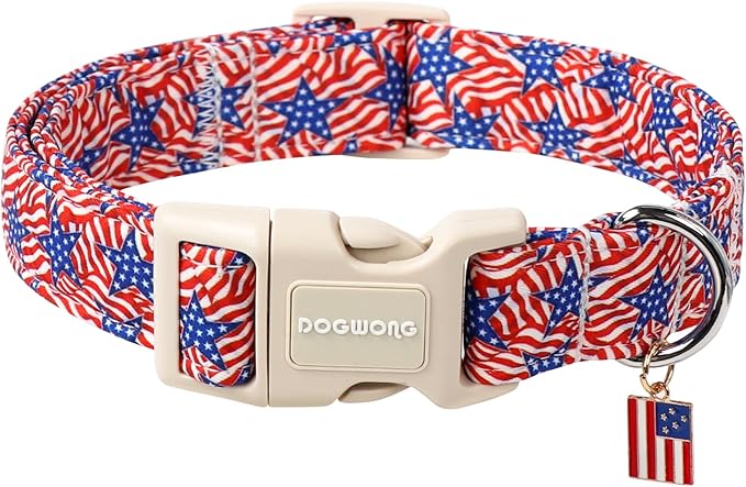 DOGWONG American Flag Dog Collar, Patriotic Independence Day Dog Collar Soft Fabric Pet Dog Collars, Boy Red White and Blue Necklace for Small Medium Large Dogs