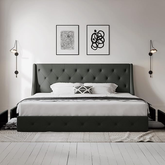 Allewie King Size Bed Frame with 4 Storage Drawers and Wingback Headboard, Button Tufted Design, No Box Spring Needed, Dark Grey