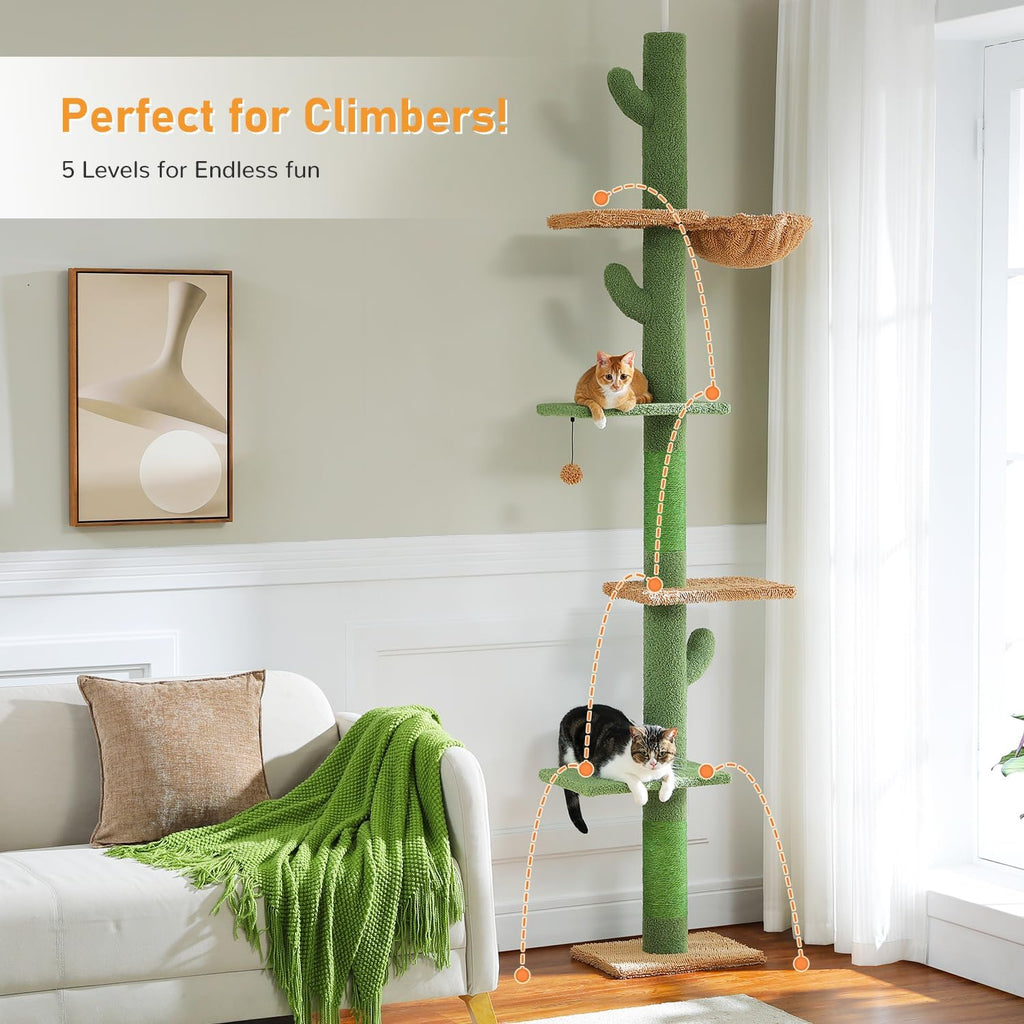 PAWZ Road Cat Tree, Cactus Floor to Ceiling Cat Tower with Adjustable Height(95-108 Inches), 5 Level Cat Climbing Tower with Cozy Hammock, Platforms and Dangling Balls for Indoor Cats