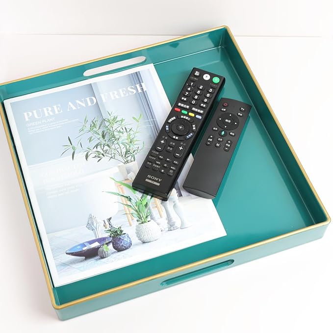 Spsyrine Green Decorative Serving Tray with Handles, 13" X 13" Square Plastic Coffee Table Tray for Ottoman, Living Room, Bathroom, Home Decor.