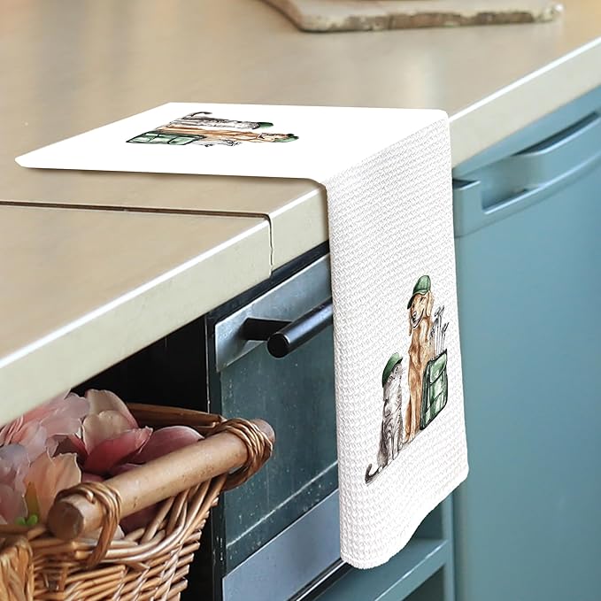 Golf Dog Cat Kitchen Towels - Golden Retriever Dish Towels, Sports Gifts, Pet Golf Club Decorative Absorbent Dishcloths Hand Towels for Kitchen Gym Spa Decor 16x24 Inches