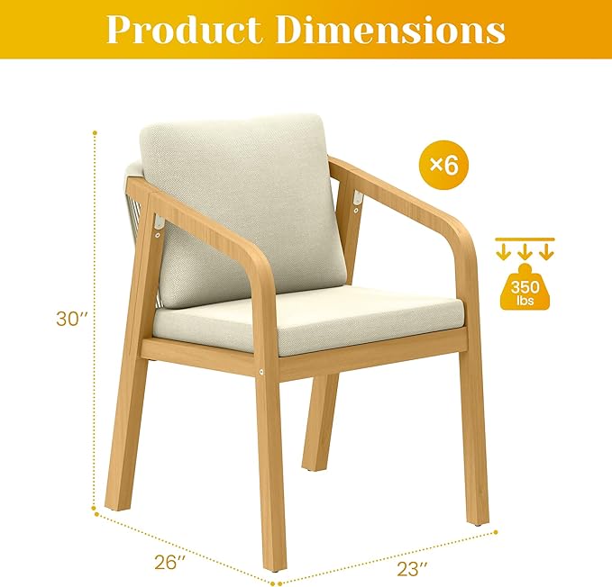 Acacia Patio Dining Chairs Set of 2, Outdoor Wood Dining Chairs with Thick Cushions, Modern Patio Chairs with Woven Rope Backrest for Porch, Backyard, Garden, Indoor, Beige