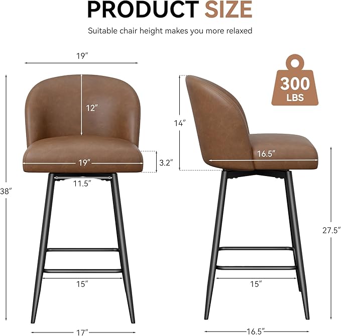 Counter Height Bar Stools Set of 4,360° Swivel Barstools with High Back and Metal Legs,26" Seat Height, Upholstered PU Leather Bar Chairs for Kitchen Island, Dining Room,Cafes,Brown