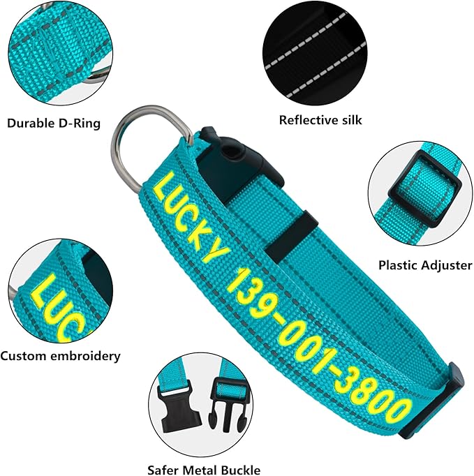 Personalized Embroidered Dog Collar - Custom Hand-Stitched Name & Number, Reflective Adjustable Pet Collar for Small/Medium/Large Dogs & Cats, Durable Nylon with Steel D-Ring (Teal, Small)