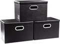 PRANDOM Collapsible Storage Bins with Lids [3-Pack] Leather Fabric Foldable Storage Boxes Organizer Containers Baskets Cube with Cover for Bedroom Closet Office Nursery Black (14.9x10.8x10)