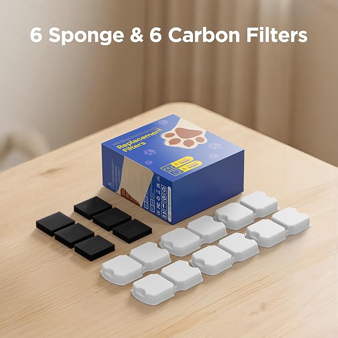 GIOTOHUN Cat Fountain Filters Replacement: 12 Cat Fountain Filter (6 Carbon + 6 Foam Filters) Suitable for GIOTOHUN S11