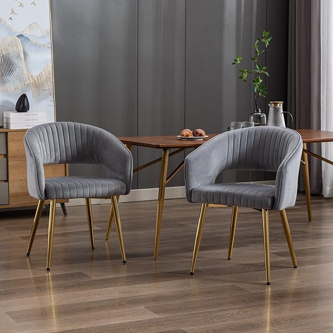 Modern Velvet Dining Chairs Set of 8, Upholstered Gold Dining Room Chairs with Hollow Back and Gold Legs, Accent Armrest Kitchen Chairs for Living Room Reception Grey