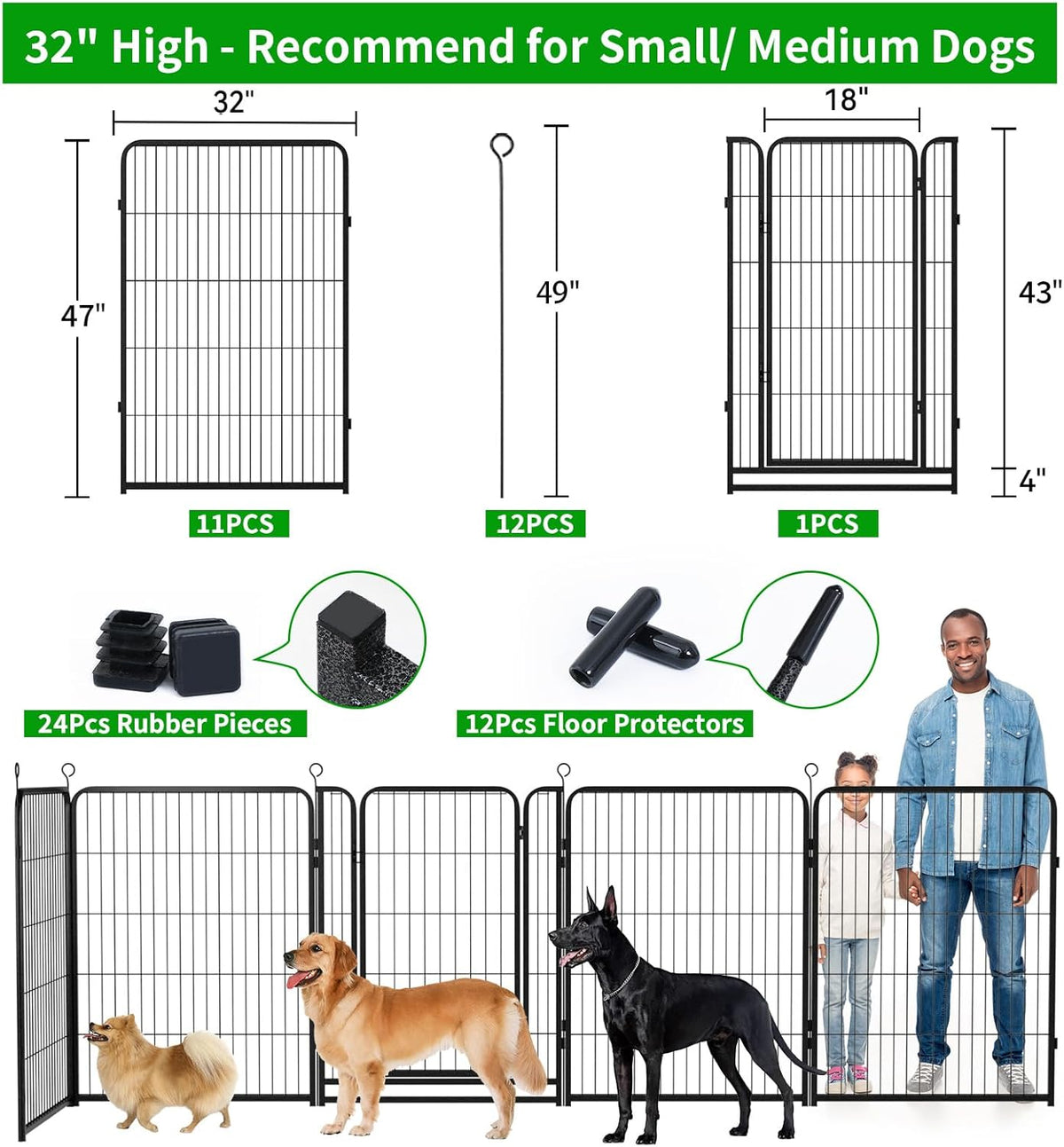 Dog Playpen Outdoor Extra Wide 12 Panels Heavy Duty Dog Fence 47" Height Anti-Rust with Doors Portable for RV Camping Yard, Total 32FT, 79 Sq.ft, Snowy Black