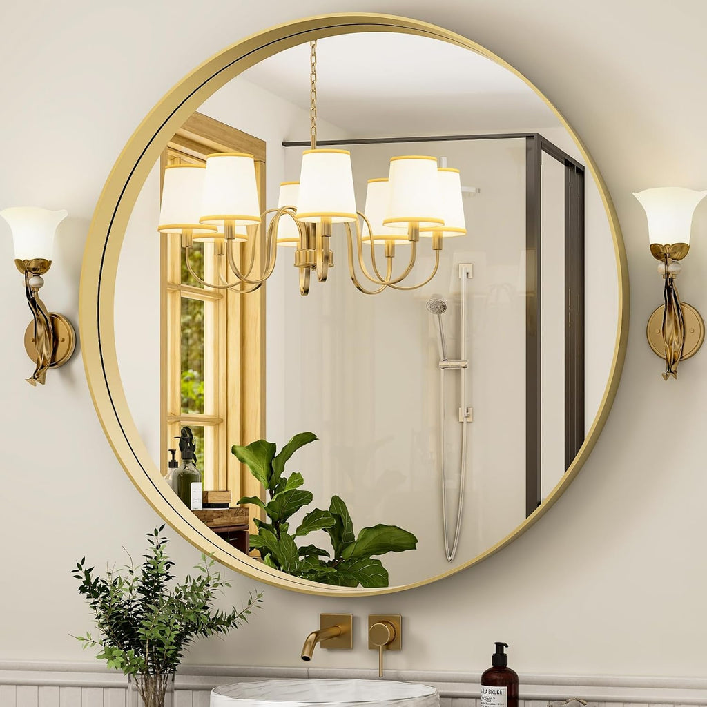 30 Inch Round Bathroom Mirror - Wall Mounted Circle Mirror with Metal Frame, Modern Mirror Suitable for Bathroom, Vanity, Entryway, Living Room, Wall Decor,Gold
