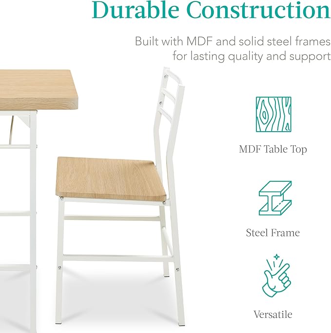 Best Choice Products 3-Piece Modern Dining Set, Space Saving Dinette for Kitchen, Dining Room, Small Space w/Steel Frame, Built-in Storage Rack - Natural/White