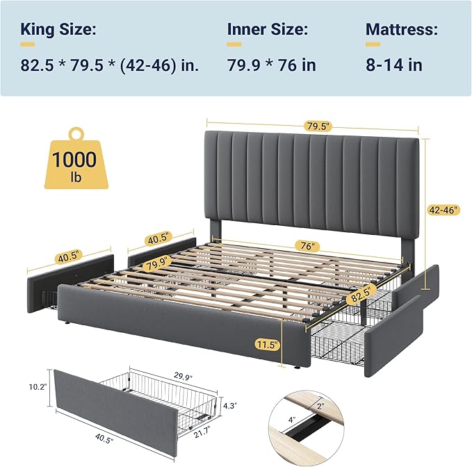 Allewie King Size Storage Bed Frame, Vertical Channel Tufted Adjustable Headboard, Velvet Upholstered Platform Bed with 4 Oversized Underbed Drawers, Wooden Slats Support, No Box Spring Needed, Grey