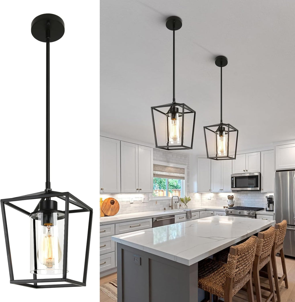 2 Pack 1-Light Black Pendant Lights for Kitchen Island, Farmhouse Metal Pendant Light Iron Cage Hanging Light Fixtures with Clear Glass Shade for Dining Room, Entryway, Hallway, Foyer