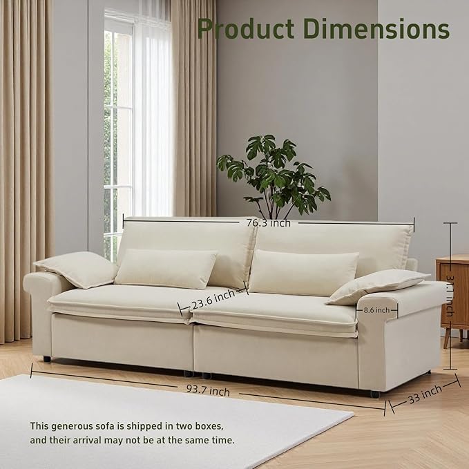 94 Inch Sofa, Oversized Couch with Wide Arms, Modern 3-Seater Sofa w/Throw Pillows, Chenille Fabric, Deep Seat Cushion, Easy Assembly, Comfy Couch for Living Room, Apartment, Office, Beige