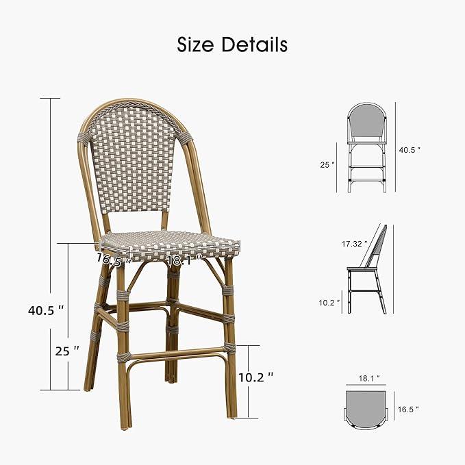 PURPLE LEAF French Counter Height Bar Stool Set of 2 25" Bamboo Print Finish Patio Bar Chairs with Back Rattan Bar Chairs French Bistro Set for Kitchen Outdoor Counter Stool Grey