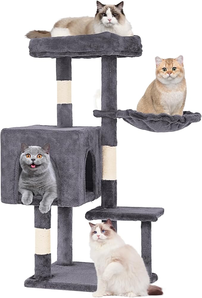 FDW | 37.8" Cat Tree Tower | Light Gray | Multi-Level Indoor Activity Center with Sisal Scratching Posts, Condos, Plush Perches, Hanging Cat Toys | Sturdy, Easy to Assemble | for Kittens & Adult Cats