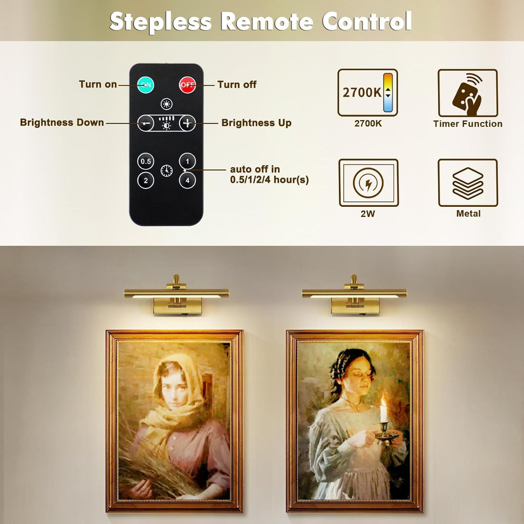 Wireless Picture Lights for Wall Rechargeable Brass Gallery Lights Battery Operated Art Lamps with Remote and Timer Dimmable Painting Lights for Artwork Portrait Display 12 Inch 2W 2700K