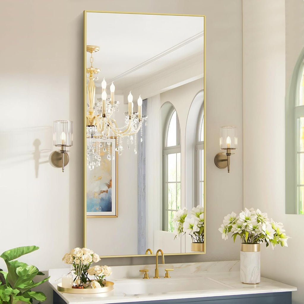 48x24In Gold Bathroom Mirror for Wall, Brushed Gold Rectangle Mirrors with Metal Frame, Bathroom Rectangular Mirror Modern Wall Mirror for Bedroom Living Room, Hangs Horizontal or Vertical