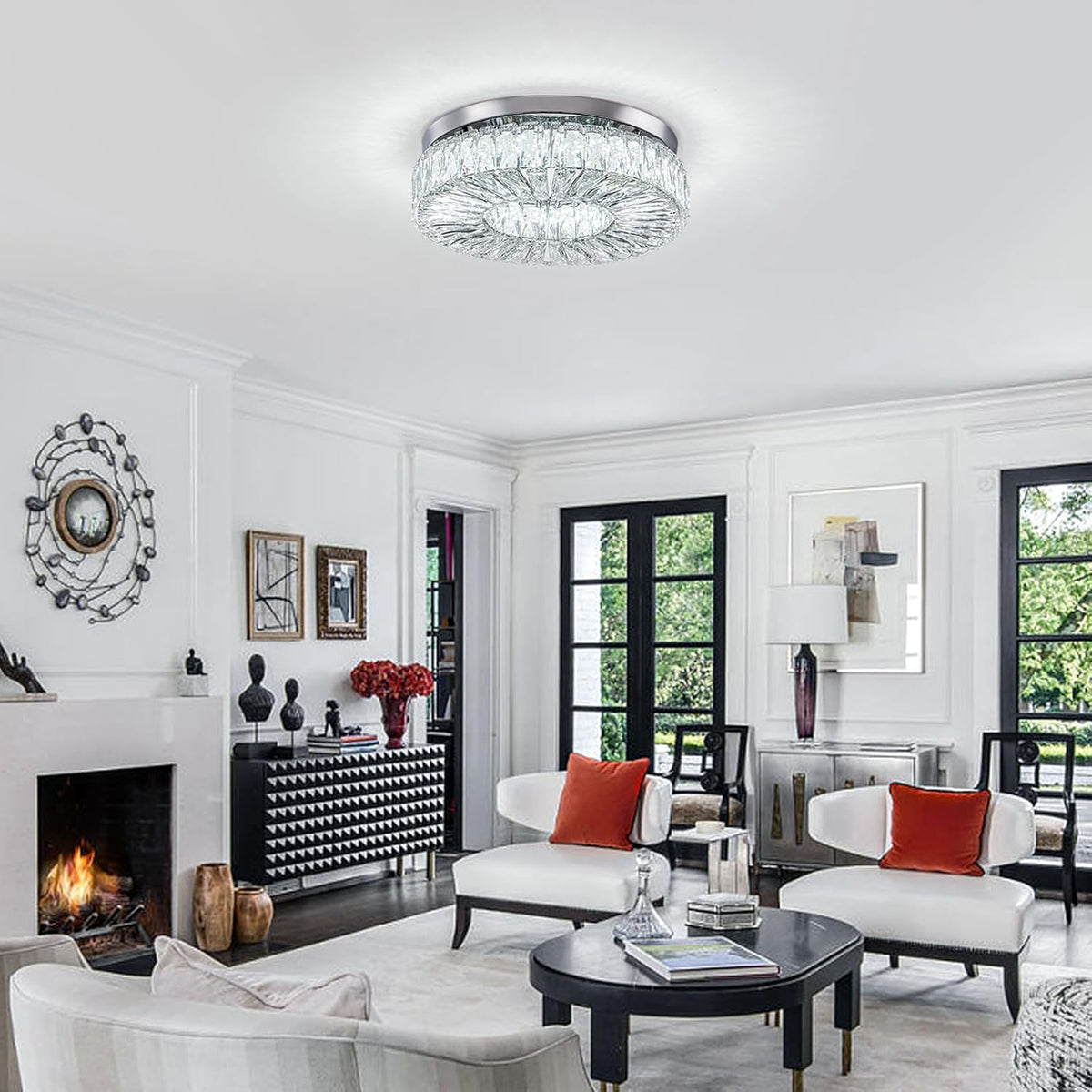 16.5" Crystal Chandelier LED Modern Flush Mount Ceiling Light Fixtures Round Ring Luxury Large Chandelier for Living Room Bedroom Dining Room Entrance (Cool white-16.5")