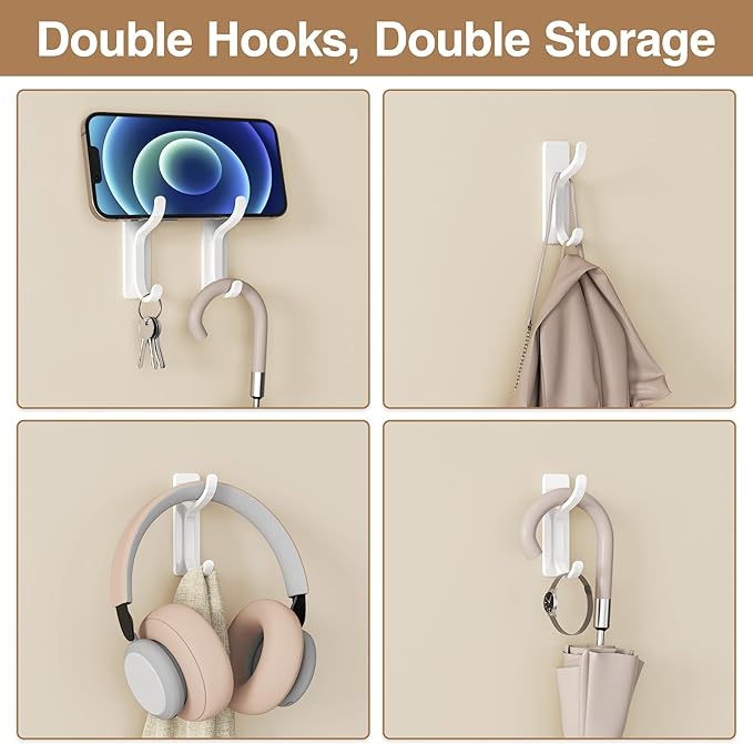 pickpiff 10-Pack Adhesive Wall Coat Hooks - Heavy Duty Stick-On Door Hanger, Metal Hook for Hanging Towel,Purse, Robe, Backpack, Jacket, Clothes - for Bathroom,Dorm, Closet, Kitchen - White