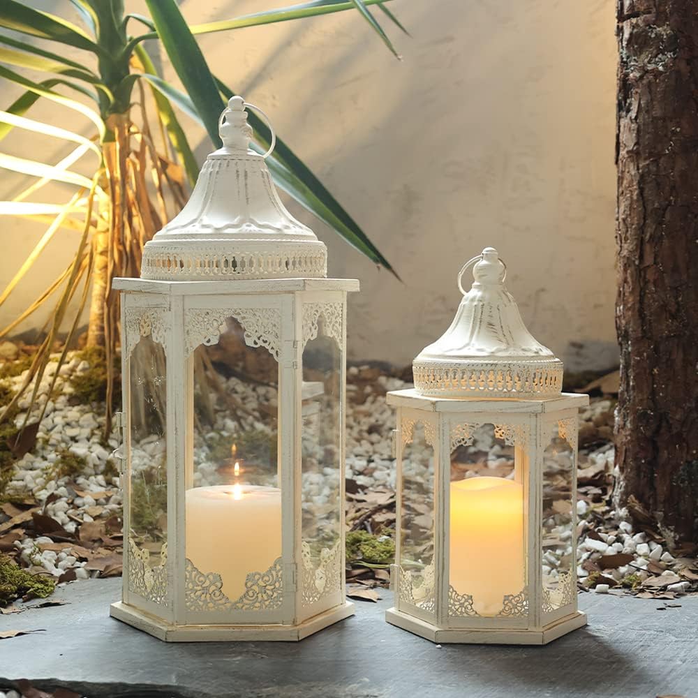 NEEDOMO Lanterns Decorative Outdoor & Indoor, Set of 2 Outdoor Lanterns for Porch,Large Candle Lantern, Beige Metal Frame with Glass for Fall, Christmas
