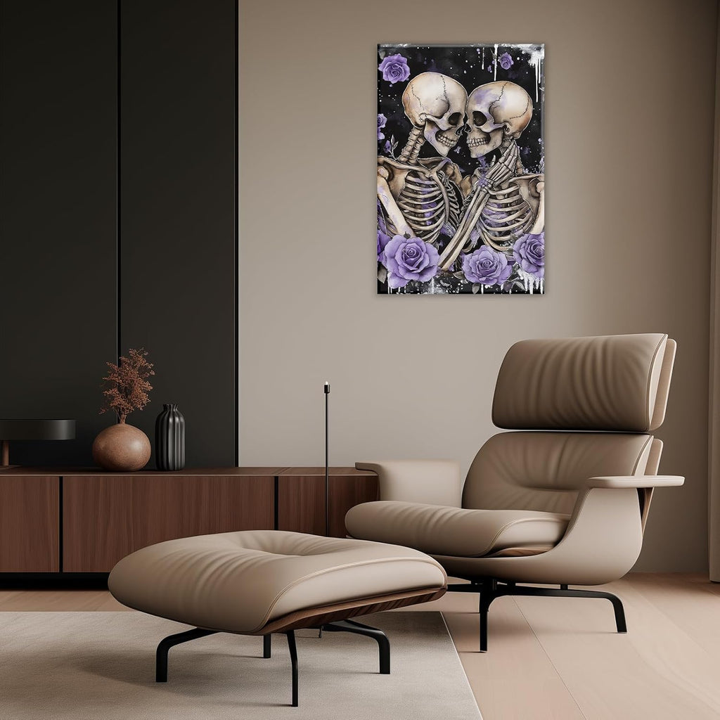 Skull Canvas Wall Art Couple Skeleton Holding Each Other Picture Art Poster Abstract Lover Painting Modern Artwork Horrible Halloween Decor(Artwork-2,16"x24")