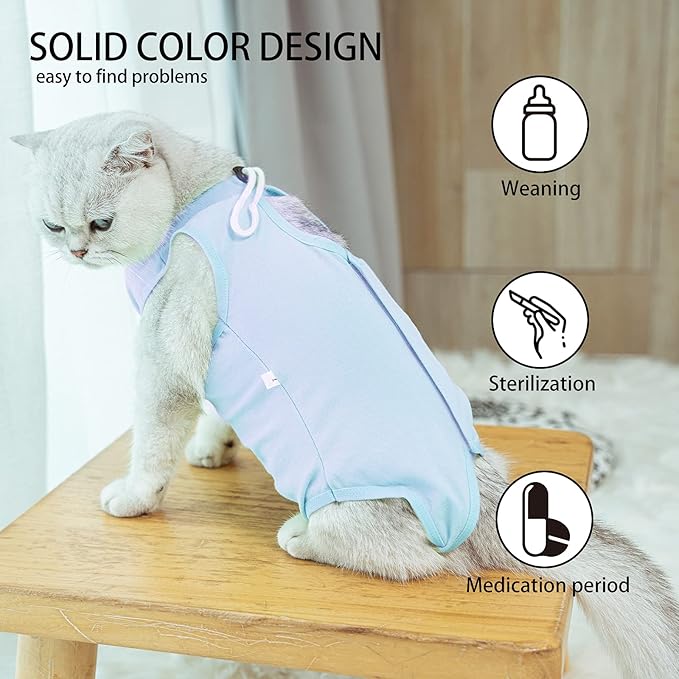 Kitten Onesies, Cat Recovery Suit for Abdominal Wounds or Skin Diseases, After Surgery Wear Anti Licking Wounds, Breathable Great E-Collar Alternative for Cat Blue S