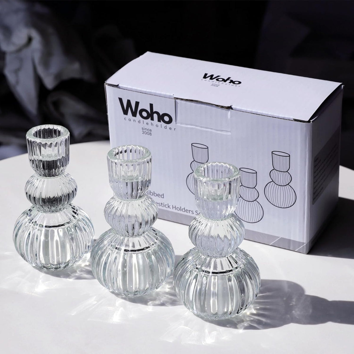 Woho Clear Taper Candle Holders 4.3" H Set of 3 for Wedding Table, Ribbed Glass Candlestick Holders for Daily Home Decor, Vintage Candle Sticks Holder Decor for Thanksgiving Christmas